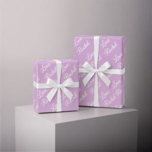 Two gift boxes wrapped in Personalized Love Gift Wrapping Paper in Lilac