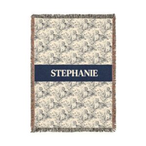 Personalized Toile de Jouy Tiger Blanket - Navy Blue - 100% Cotton Woven Blanket