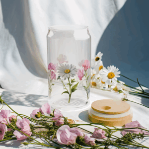 April Birth Flower Can Glass – Daisy & Sweet Pea Flowers Pint Glass with Bamboo Lid & Reusable Straw surrounded by daisies and sweet peas