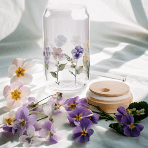 February Birth Flower Can Glass – Violet & Primrose Flowers Pint Glass with Bamboo Lid & Reusable Straw surrounded by violets and primrose flowers